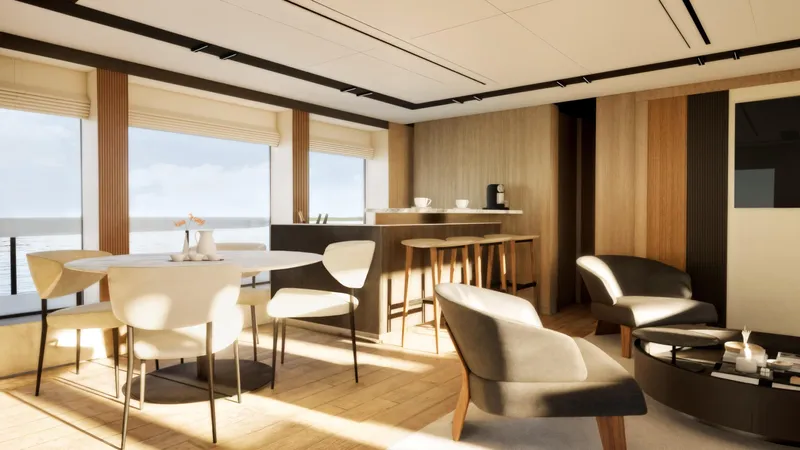  Yacht Photos Pics Luxurious interior of 2027 Cantieri di Pisa Custom 40M yacht with modern seating and dining area.