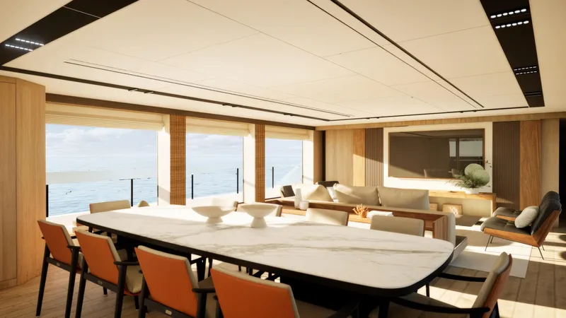  Yacht Photos Pics Luxurious interior of 2027 Cantieri di Pisa Custom 40M yacht with elegant dining area.