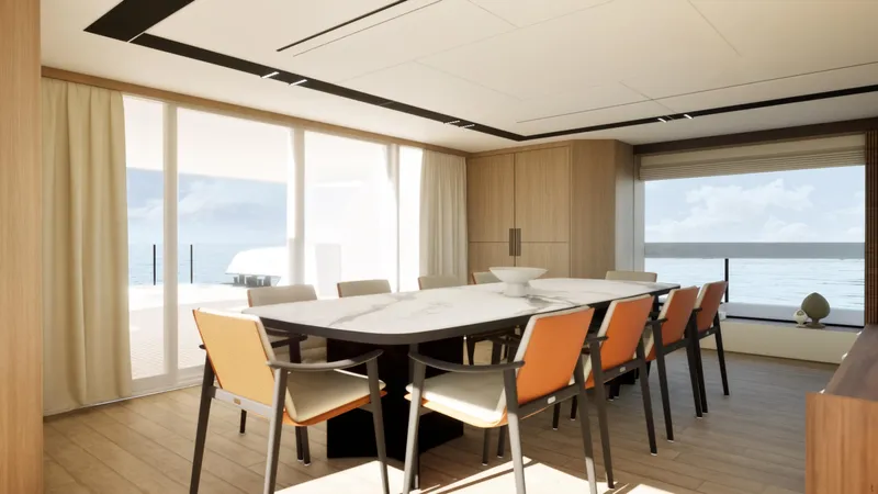  Yacht Photos Pics Luxurious dining area on 2027 Cantieri di Pisa Custom 40M yacht, featuring elegant decor and ocean views.