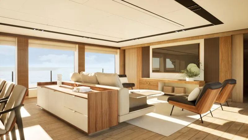  Yacht Photos Pics Luxurious interior of 2027 Cantieri di Pisa Custom 40M yacht with modern furnishings and ocean view.