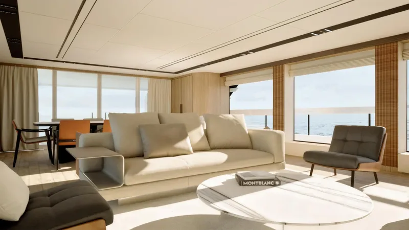  Yacht Photos Pics Luxurious interior of 2027 Cantieri di Pisa Custom 40M yacht with modern furnishings and ocean view.