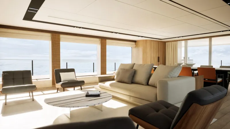  Yacht Photos Pics Luxurious interior of 2027 Cantieri di Pisa Custom 40M yacht with modern furnishings and ocean view.
