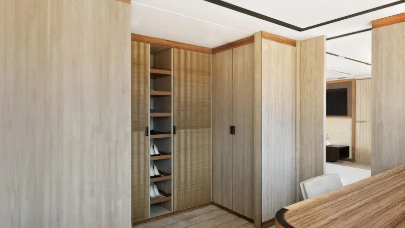  Yacht Photos Pics Luxurious interior of 2027 Cantieri di Pisa Custom 40M yacht with elegant wood paneling.