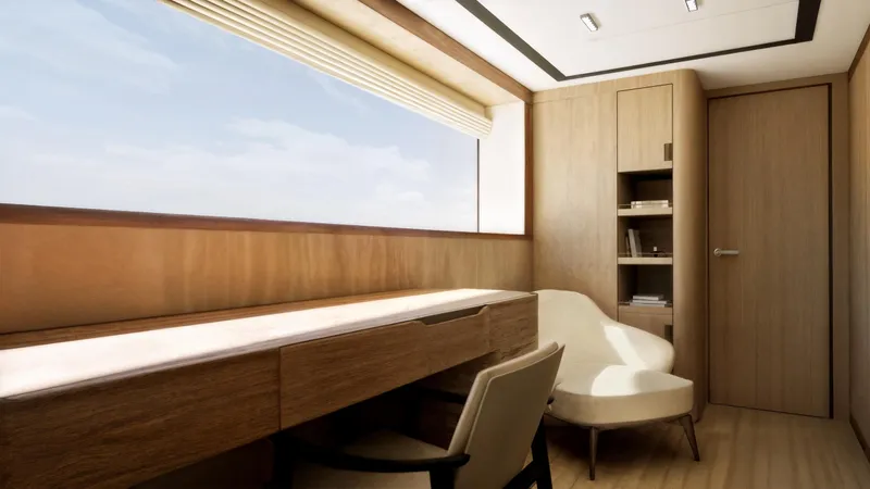  Yacht Photos Pics Luxurious interior of 2027 Cantieri di Pisa Custom 40M yacht with modern wood furnishings.