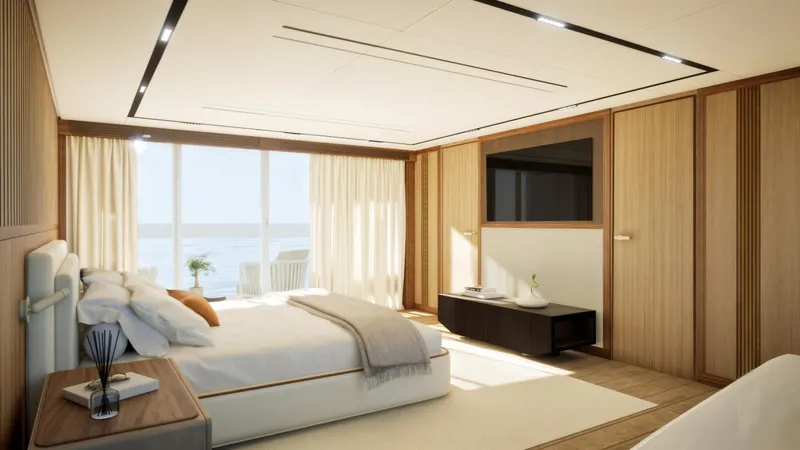  Yacht Photos Pics Luxurious bedroom interior on 2027 Cantieri di Pisa Custom 40M yacht, featuring modern design and ocean view.