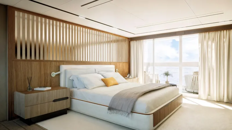  Yacht Photos Pics Luxurious bedroom interior on 2027 Cantieri di Pisa Custom 40M yacht, featuring modern design and ocean view.