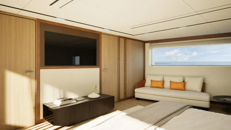  Yacht Photos Pics Luxurious interior of 2027 Cantieri di Pisa Custom 40M yacht with modern furnishings and ocean view.
