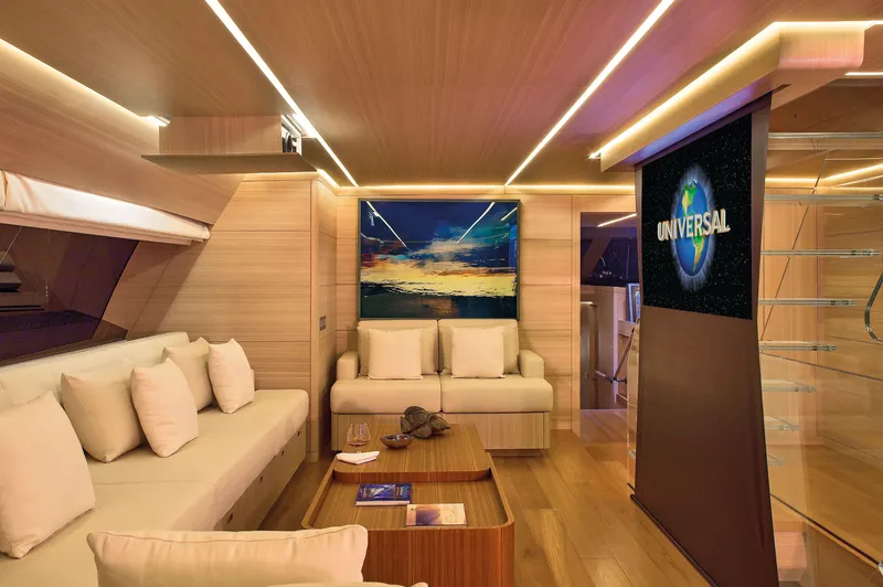 Ohana Yacht Photos Pics Luxurious Fitzroy Yachts 49.7m interior, 2012 model, featuring elegant seating and entertainment area.