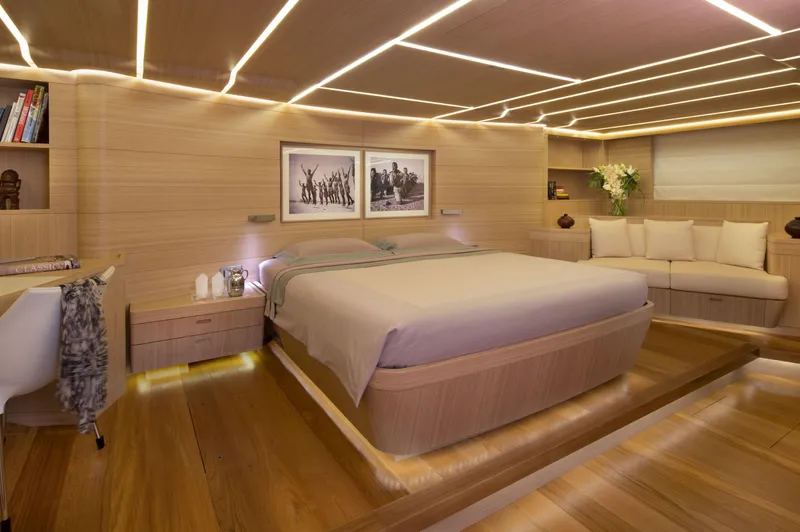 Ohana Yacht Photos Pics Luxurious Fitzroy Yachts 49.7m bedroom interior, 2012 model, featuring modern design and elegant lighting.