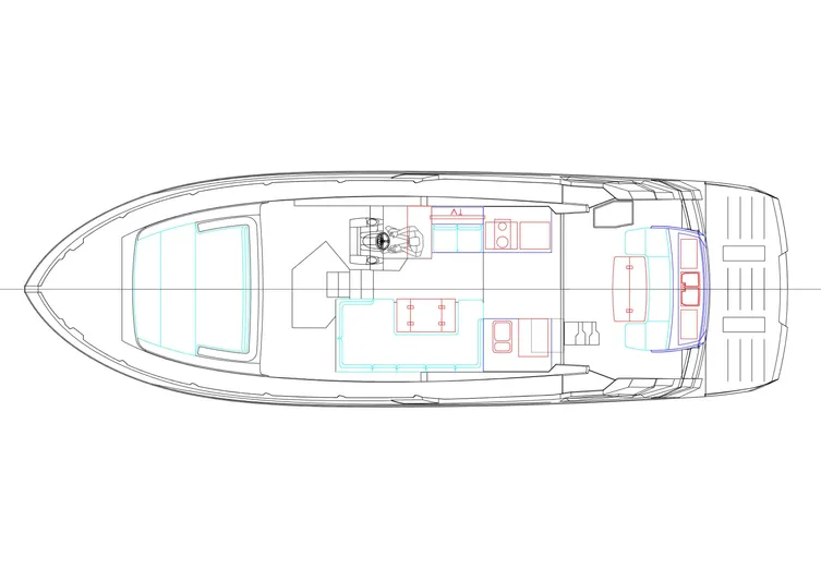 1st Usa Hull, Arrival October 2025 Yacht Photos Pics Top view schematic of 2025 Cobrey 45 FLY yacht layout.