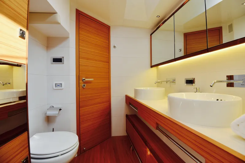  Yacht Photos Pics Luxurious bathroom interior of 2017 Mazarin 72 Cruiser/Racer yacht with modern fixtures.