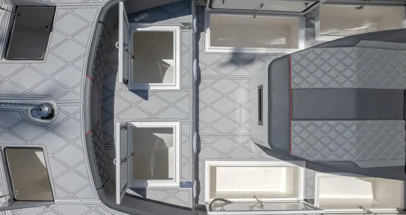  Yacht Photos Pics Overhead view of 2025 Sedna 37 Open boat interior with storage compartments.