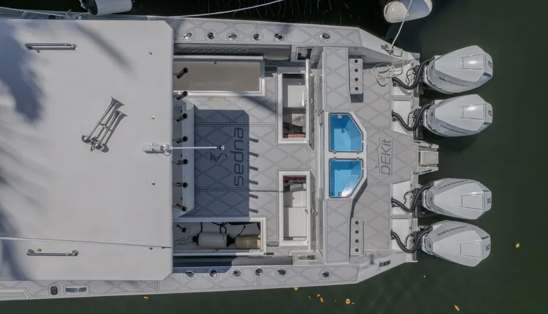  Yacht Photos Pics Aerial view of 2025 Sedna 37 Open boat with triple outboard engines.