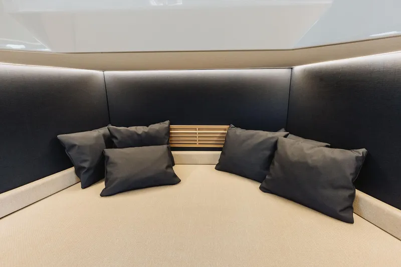  Yacht Photos Pics Luxurious interior of 2026 XO Boats EXPLR 44 with plush cushions and modern design.