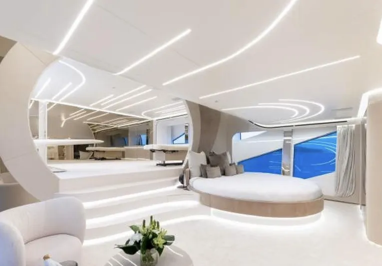 N1 Yacht Photos Pics Luxurious interior of 2022 Mangusta 165 REV yacht with modern design and elegant lighting.
