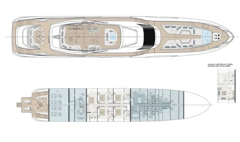 N1 Yacht Photos Pics Floor plan of 2022 Mangusta 165 REV luxury yacht, showcasing deck and cabin layouts.