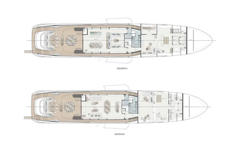 N1 Yacht Photos Pics Floor plans of 2022 Mangusta 165 REV yacht, showcasing two layout solutions.