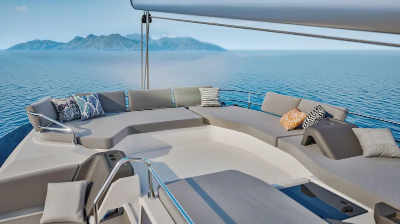  Yacht Photos Pics Luxurious seating area on 2025 Fountaine Pajot NEW 44 catamaran with ocean view.