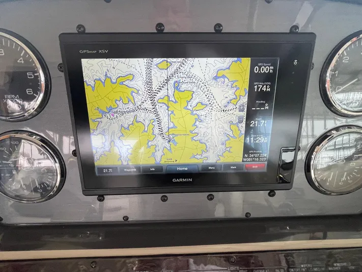 Knot Justified Yacht Photos Pics Garmin GPS display on 2006 Sea Ray 38 Sundancer boat dashboard.