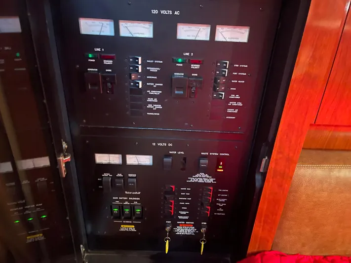 Knot Justified Yacht Photos Pics Electrical control panel on a 2006 Sea Ray 38 Sundancer yacht.