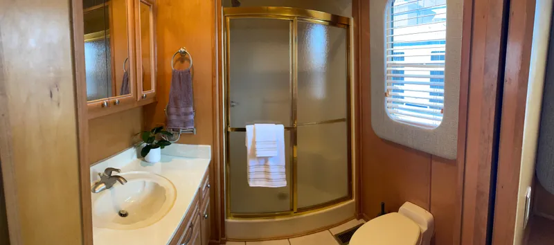  Yacht Photos Pics 2002 Stardust Cruisers houseboat bathroom with shower, sink, and toilet.