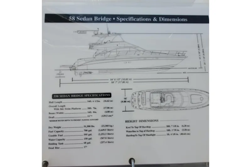  Yacht Photos Pics Specifications sheet for 2007 Sea Ray 580 Sedan Bridge yacht, showing dimensions and features.