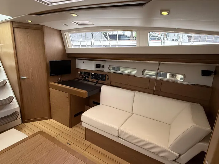 Windwaker Yacht Photos Pics Interior of 2013 Jeanneau 41 DS yacht with modern furnishings and natural light.