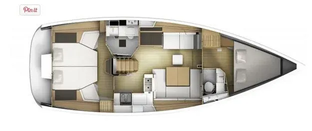 Windwaker Yacht Photos Pics Floor plan of a 2013 Jeanneau 41 DS sailboat, featuring cabins, kitchen, and bathroom layout.