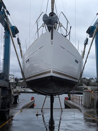 Windwaker Yacht Photos Pics 2013 Jeanneau 41 DS sailboat in dry dock, front view.