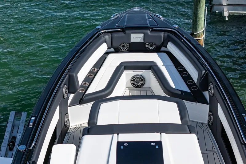  Yacht Photos Pics 2024 Cigarette 42 Auroris boat interior with sleek seating and modern design.