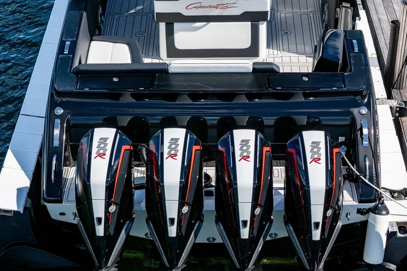  Yacht Photos Pics 2024 Cigarette 42 Auroris with four powerful outboard engines docked.