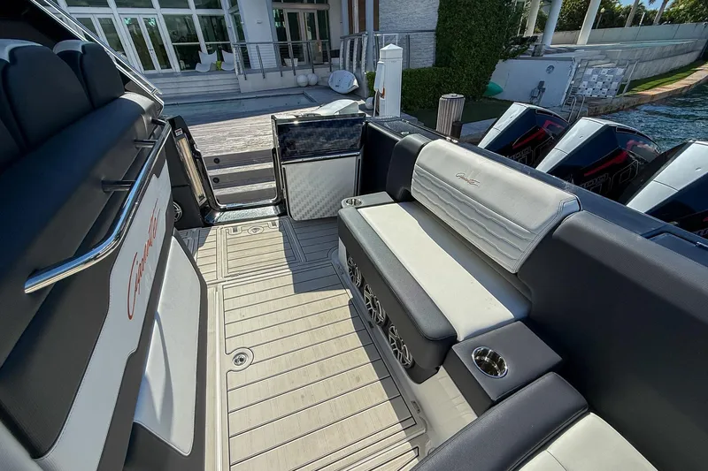  Yacht Photos Pics 2024 Cigarette 42 Auroris luxury boat interior with seating and powerful engines.