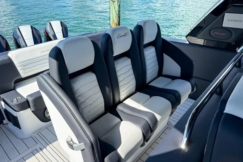  Yacht Photos Pics 2024 Cigarette 42 Auroris boat interior with luxurious seating and modern design.