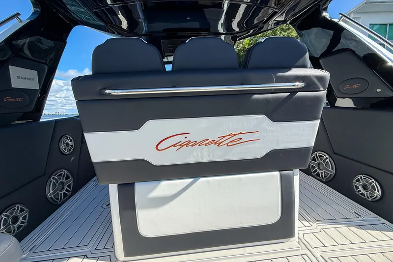  Yacht Photos Pics 2024 Cigarette 42 Auroris boat interior with branded seating and modern design.