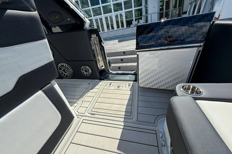  Yacht Photos Pics Interior of 2024 Cigarette 42 Auroris boat, featuring sleek seating and modern design elements.