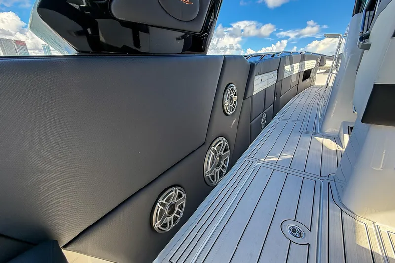  Yacht Photos Pics 2024 Cigarette 42 Auroris yacht deck with sleek design and integrated speakers.