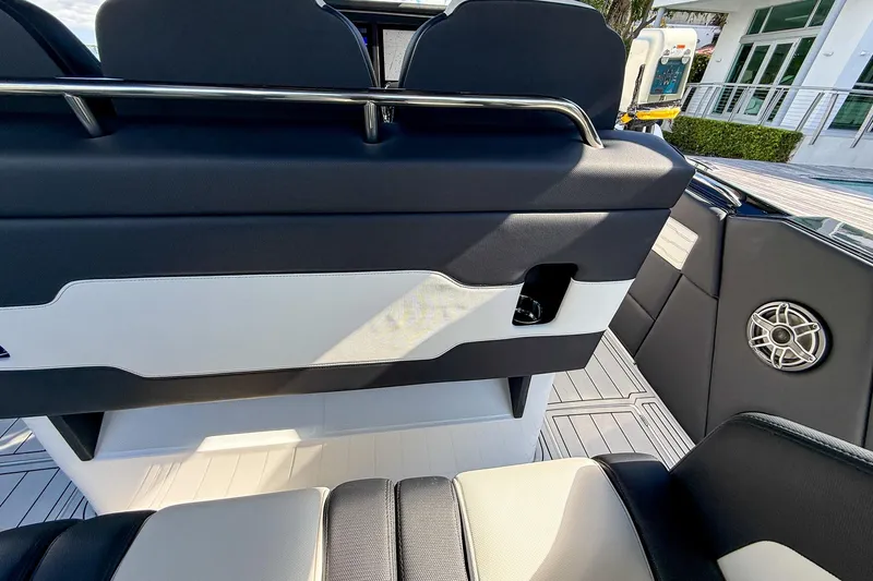  Yacht Photos Pics 2024 Cigarette 42 Auroris boat interior with sleek seating and modern design elements.