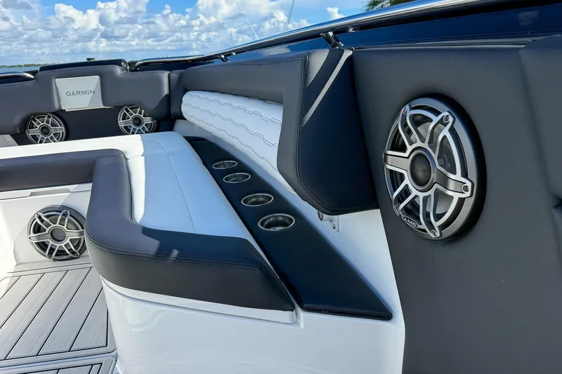  Yacht Photos Pics 2024 Cigarette 42 Auroris boat interior with speakers and cup holders.