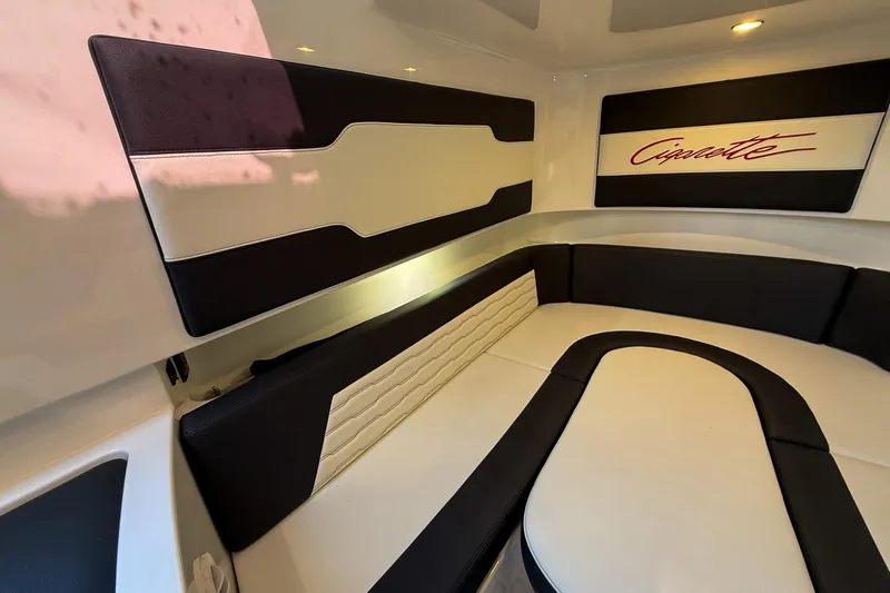 Yacht Photos Pics Interior of 2024 Cigarette 42 Auroris boat with sleek seating and modern design.