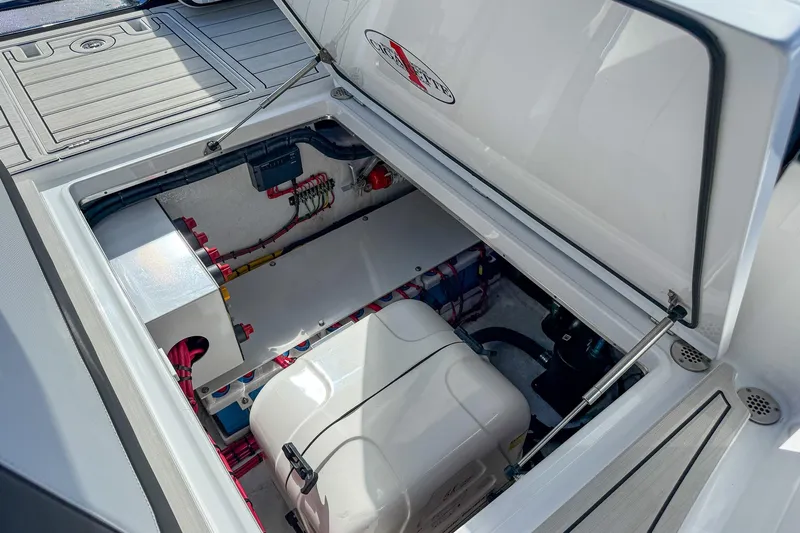  Yacht Photos Pics Engine compartment of 2024 Cigarette 42 Auroris boat, showcasing mechanical components and wiring.