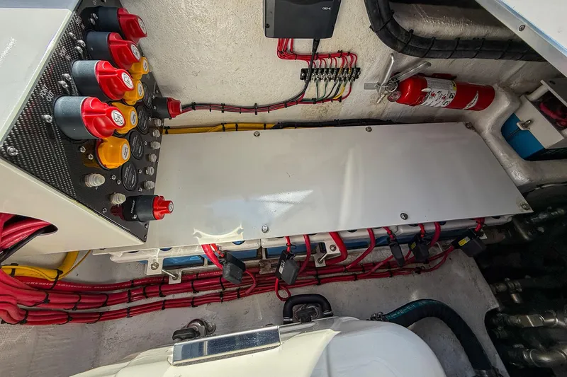  Yacht Photos Pics Engine compartment of 2024 Cigarette 42 Auroris with wiring and fire extinguisher.