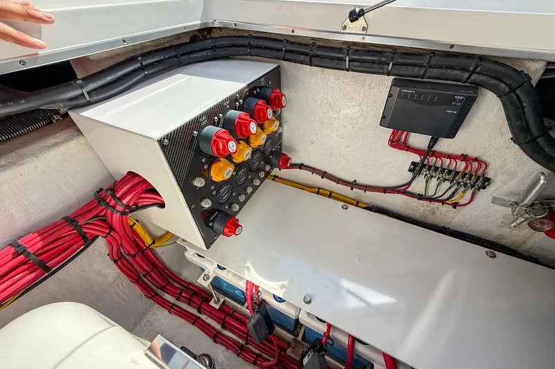  Yacht Photos Pics Electrical system of 2024 Cigarette 42 Auroris boat with organized wiring and control panel.