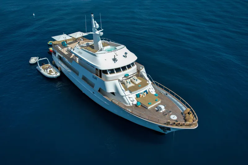 Eva Yacht Photos Pics Aerial view of 1993 Cheoy Lee Custom yacht on open sea.