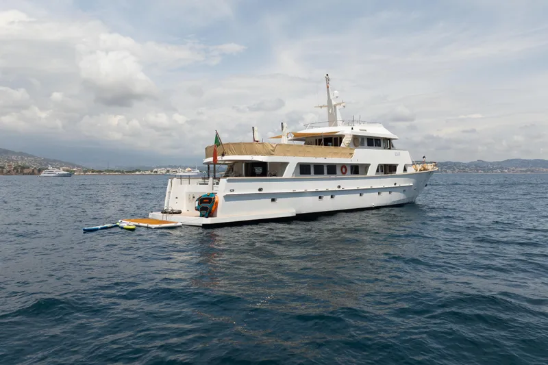 Eva Yacht Photos Pics 1993 Cheoy Lee Custom yacht on calm sea with distant coastline.
