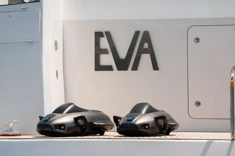 Eva Yacht Photos Pics Two black water scooters on deck of 1993 Cheoy Lee Custom yacht "EVA".