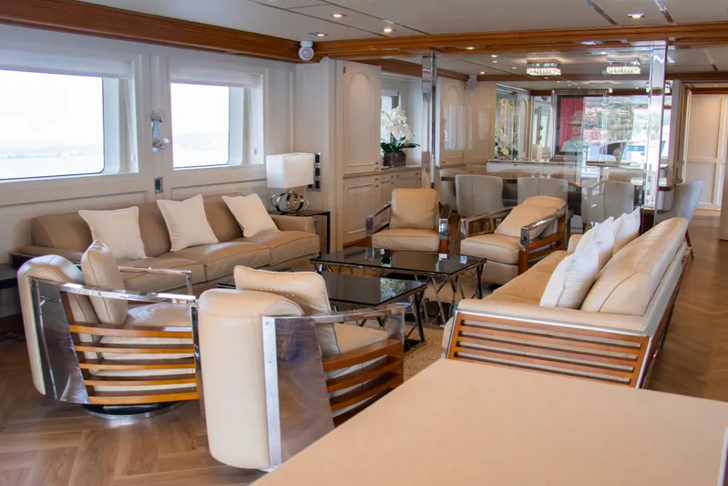 Eva Yacht Photos Pics Luxurious interior of 1993 Cheoy Lee Custom yacht with elegant seating and modern decor.