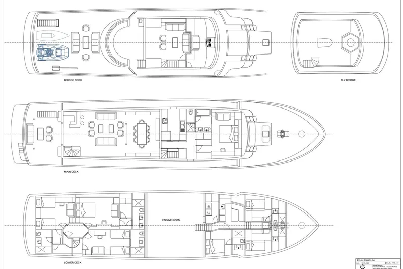 Eva Yacht Photos Pics Blueprint of 1993 Cheoy Lee Custom yacht, showing bridge, main, and lower decks.