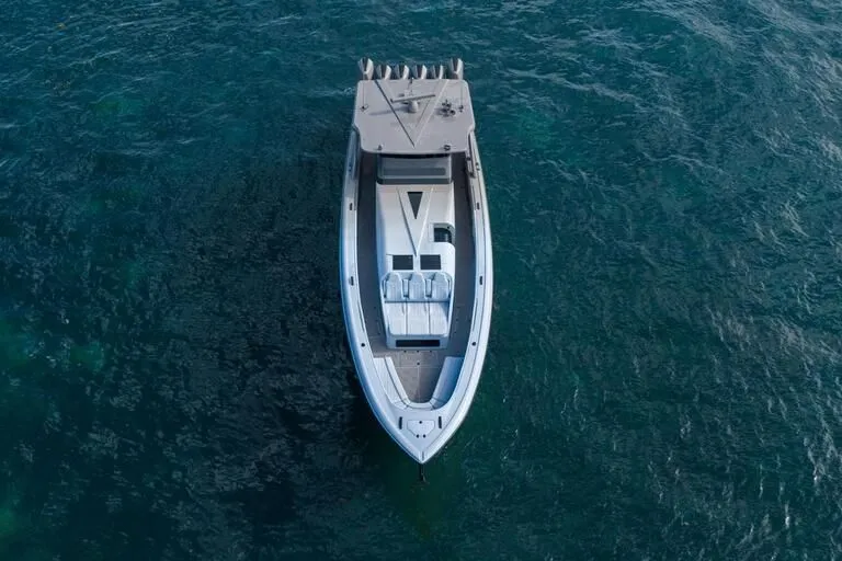  Yacht Photos Pics Aerial view of 2026 Midnight Express 52' Vitesse boat on open water.