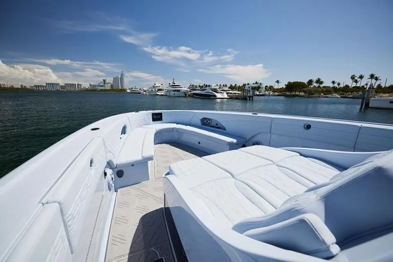  Yacht Photos Pics Luxurious 2026 Midnight Express 52' Vitesse yacht interior with ocean view and clear skies.