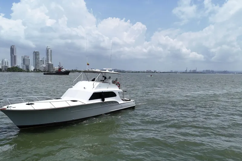  Yacht Photos Pics 1989 Buddy Davis 61 yacht cruising near city skyline under cloudy sky.